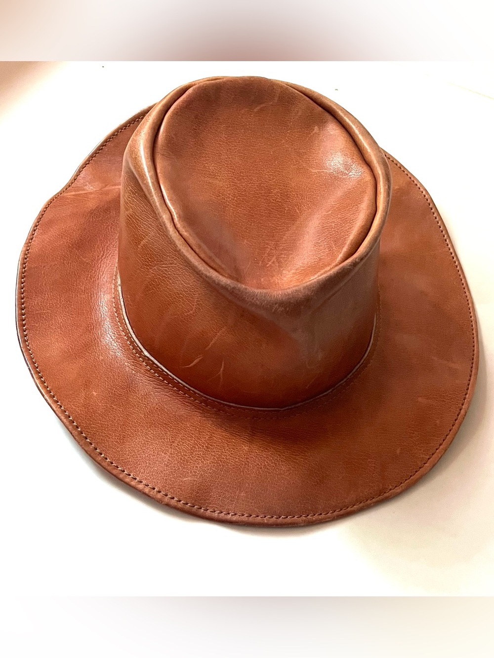 Vintage Brown Leather Wide Brim Western Outback Hat